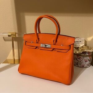 30cm Orange Top Handle BK Leather Satchel